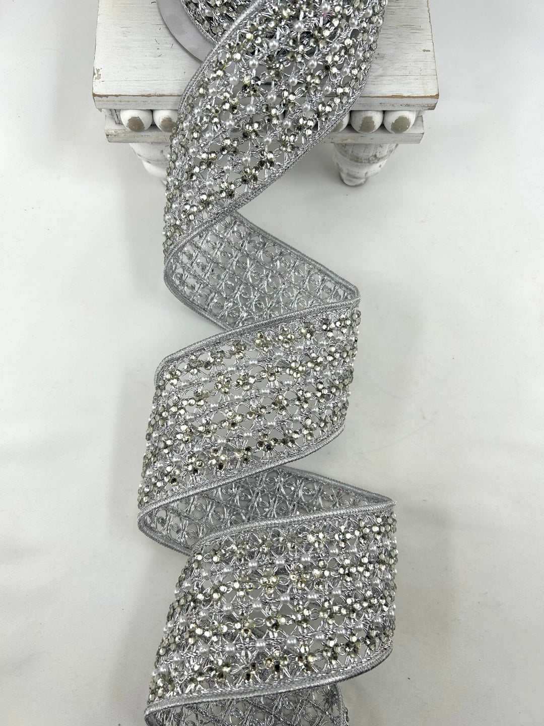Farrisilk Silver Sparkling Lace Wired Ribbon - 3" - Greenery MarketWired RibbonDR037-53