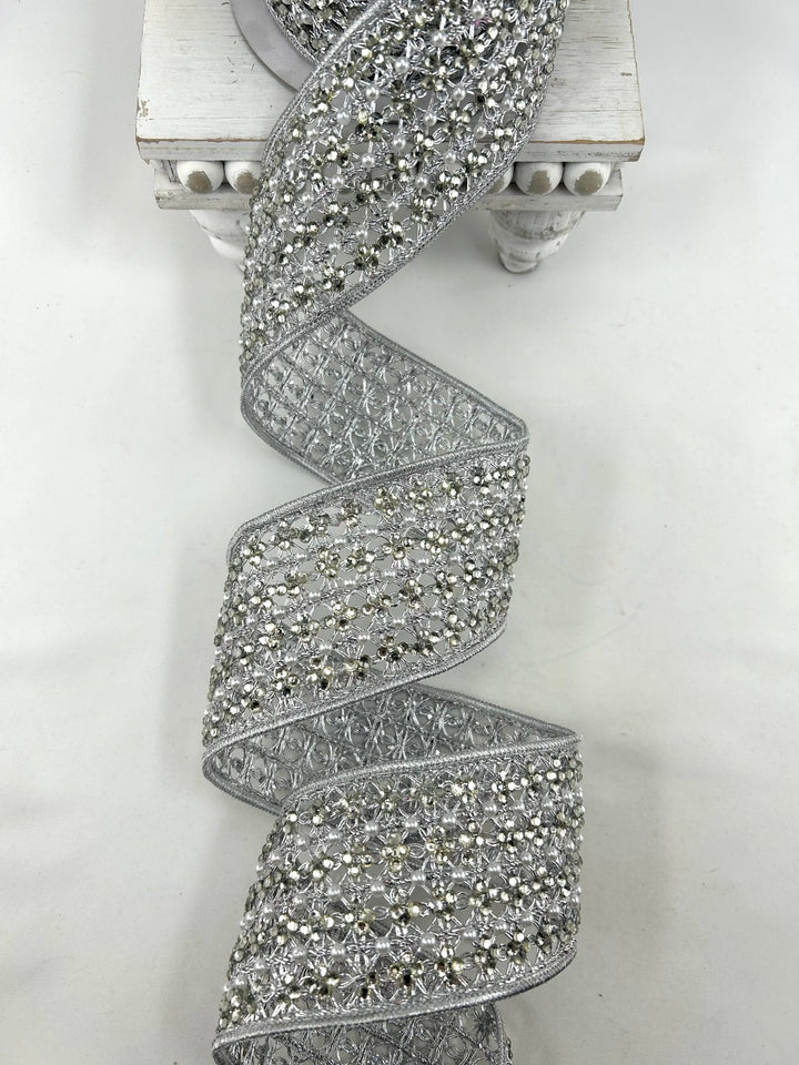 Farrisilk Silver Sparkling Lace Wired Ribbon - 3" - Greenery MarketWired RibbonDR037-53
