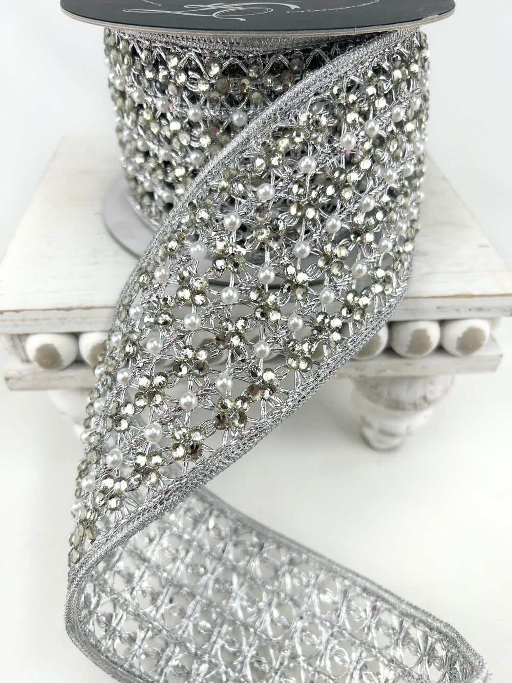 Farrisilk Silver Sparkling Lace Wired Ribbon - 3" - Greenery MarketWired RibbonDR037-53