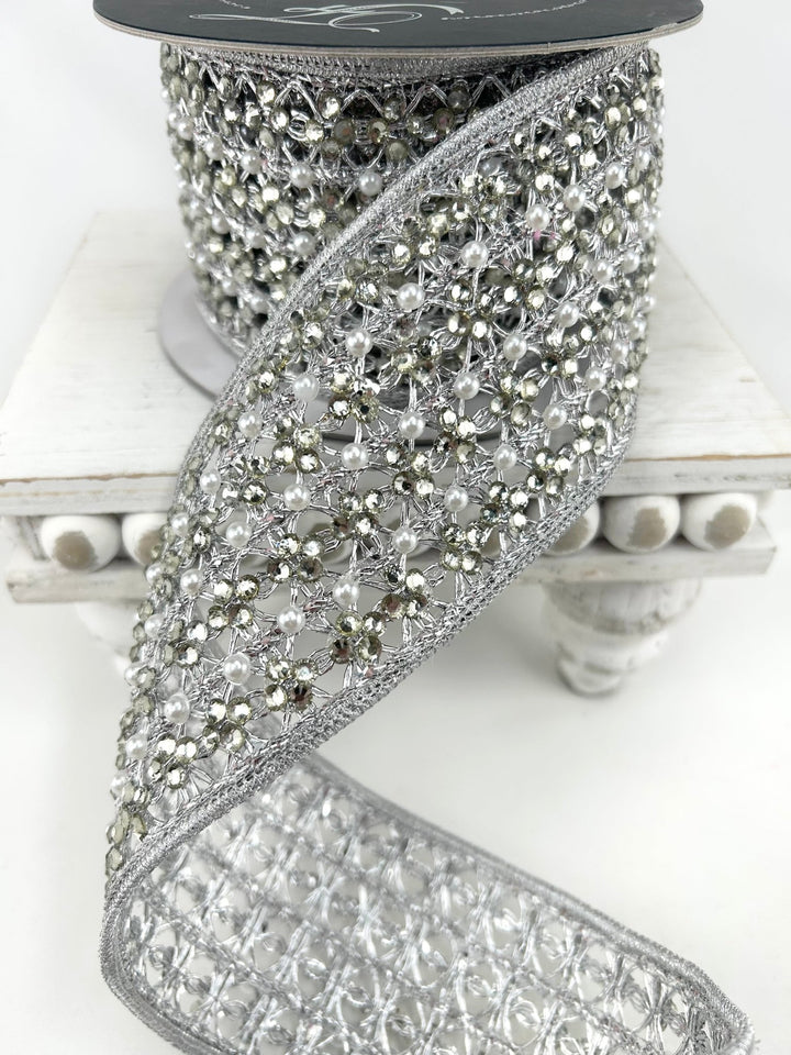 Farrisilk Silver Sparkling Lace Wired Ribbon - 3" - Greenery MarketWired RibbonDR037-53