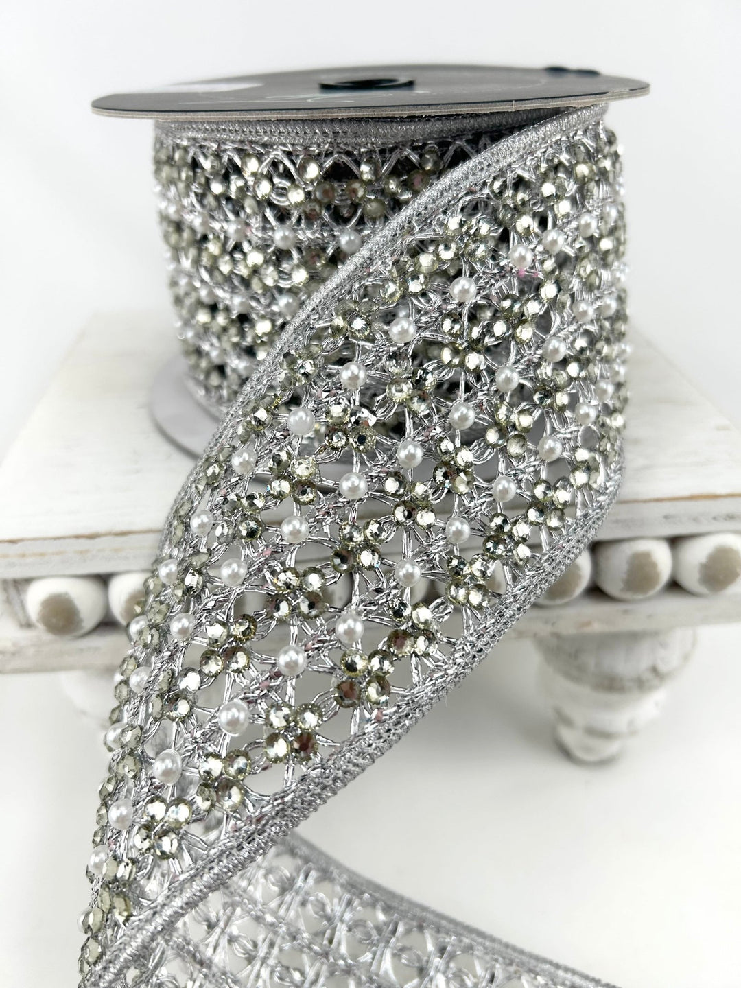 Farrisilk Silver Sparkling Lace Wired Ribbon - 3" - Greenery MarketWired RibbonDR037-53