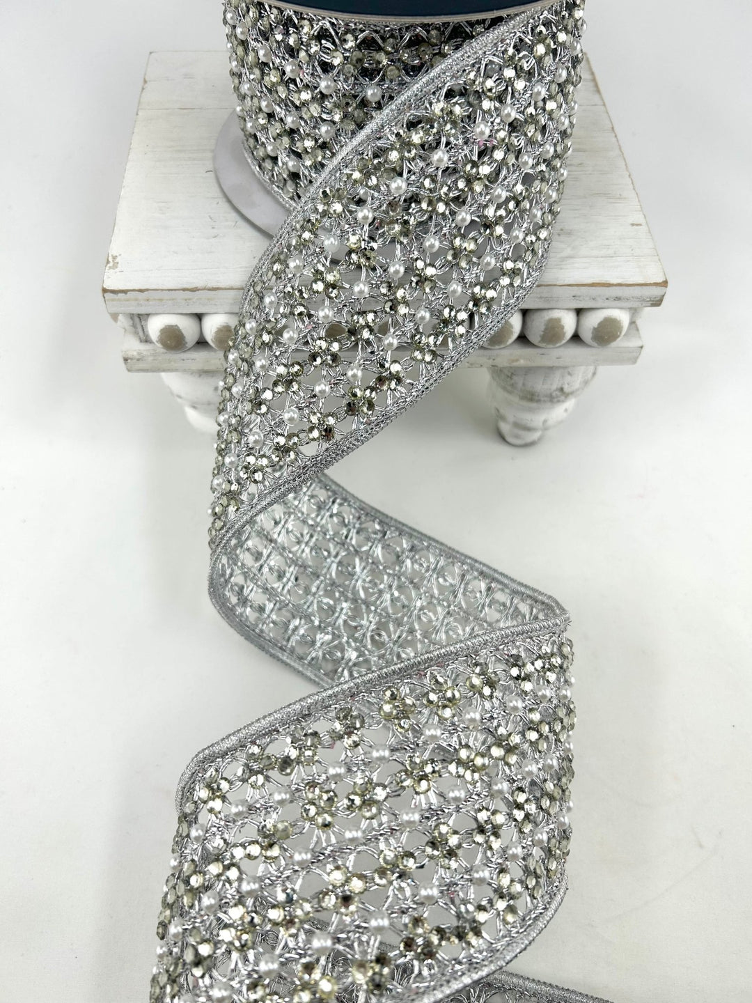 Farrisilk Silver Sparkling Lace Wired Ribbon - 3" - Greenery MarketWired RibbonDR037-53