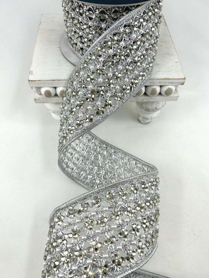 Farrisilk Silver Sparkling Lace Wired Ribbon - 3" - Greenery MarketWired RibbonDR037-53