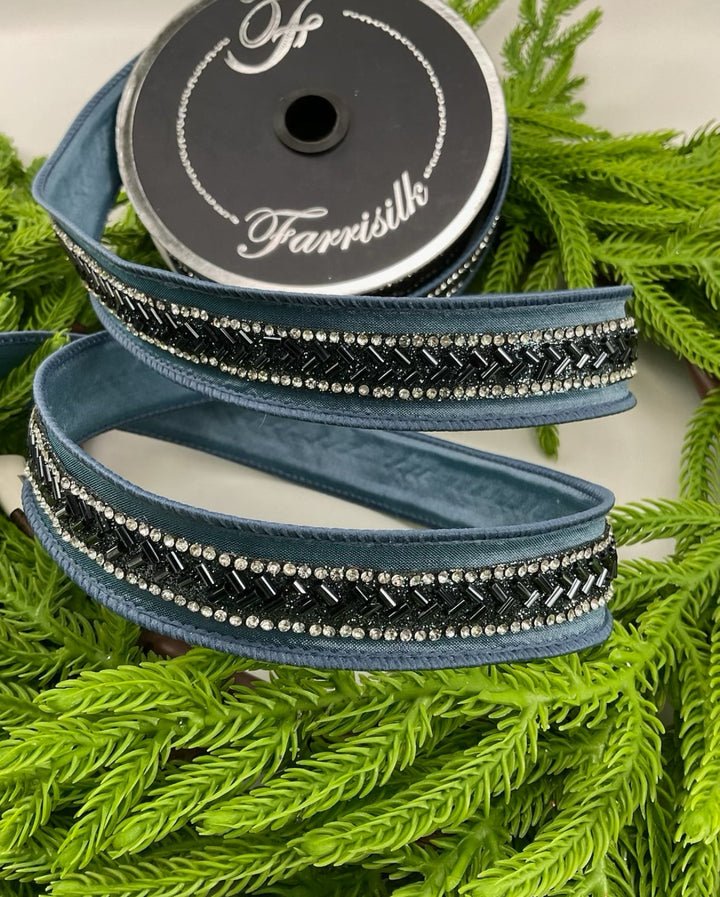 Farrisilk steel blue beaded trim wired ribbon - 1” - Greenery Marketwired ribbonRk329 - 17