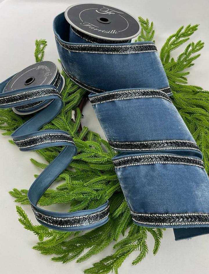 Farrisilk steel blue beaded trim wired ribbon - 1” - Greenery Marketwired ribbonRk329 - 17