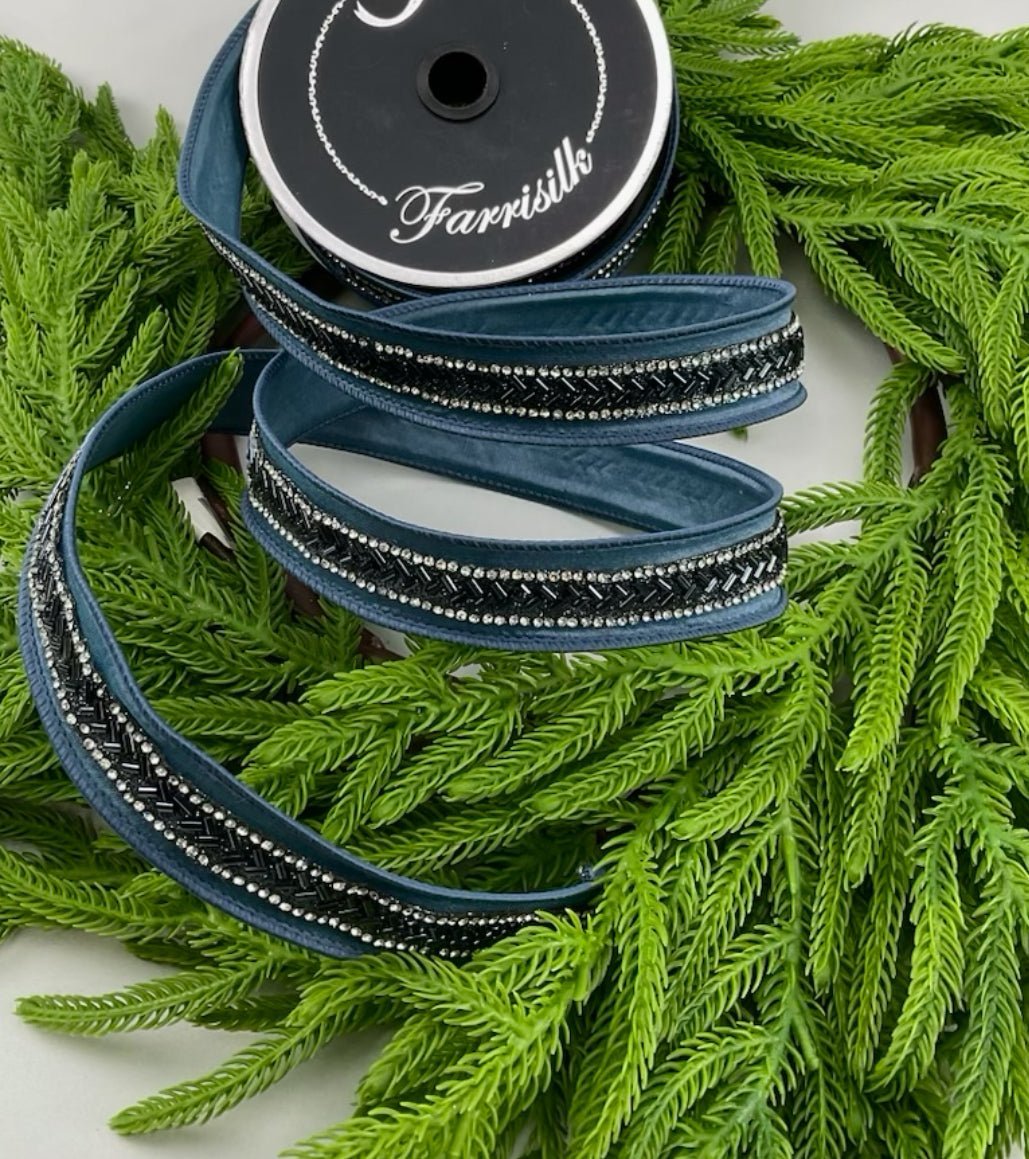 Farrisilk steel blue beaded trim wired ribbon - 1” - Greenery Marketwired ribbonRk329 - 17