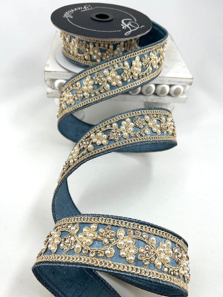 Farrisilk Steel Blue Cecilia Pearl Wired Ribbon - 1.5" - Greenery MarketWired RibbonRK970-17
