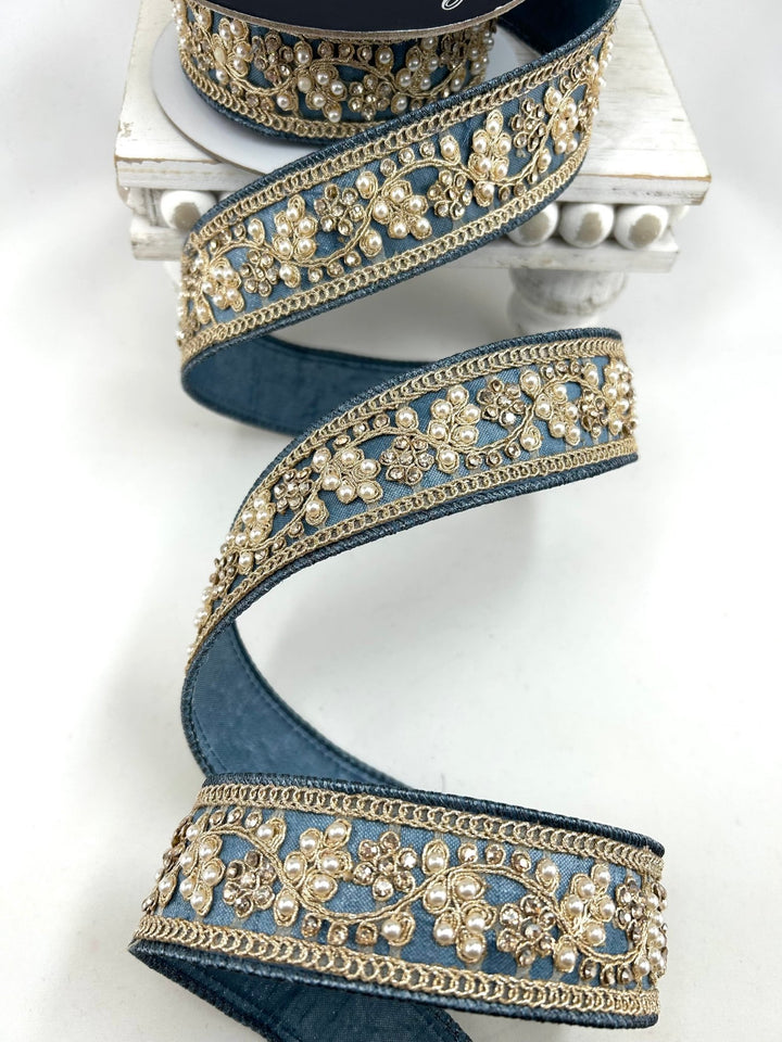 Farrisilk Steel Blue Cecilia Pearl Wired Ribbon - 1.5" - Greenery MarketWired RibbonRK970-17