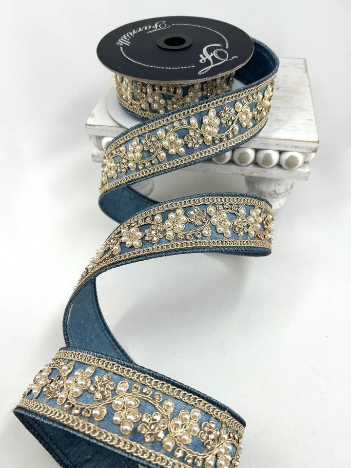 Farrisilk Steel Blue Cecilia Pearl Wired Ribbon - 1.5" - Greenery MarketWired RibbonRK970-17