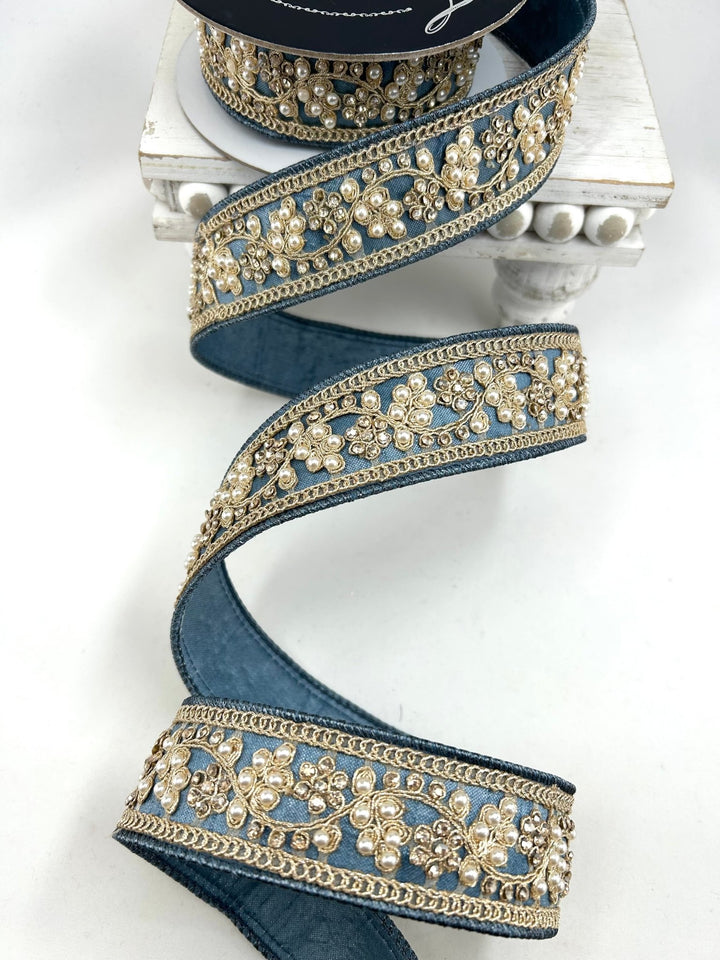 Farrisilk Steel Blue Cecilia Pearl Wired Ribbon - 1.5" - Greenery MarketWired RibbonRK970-17