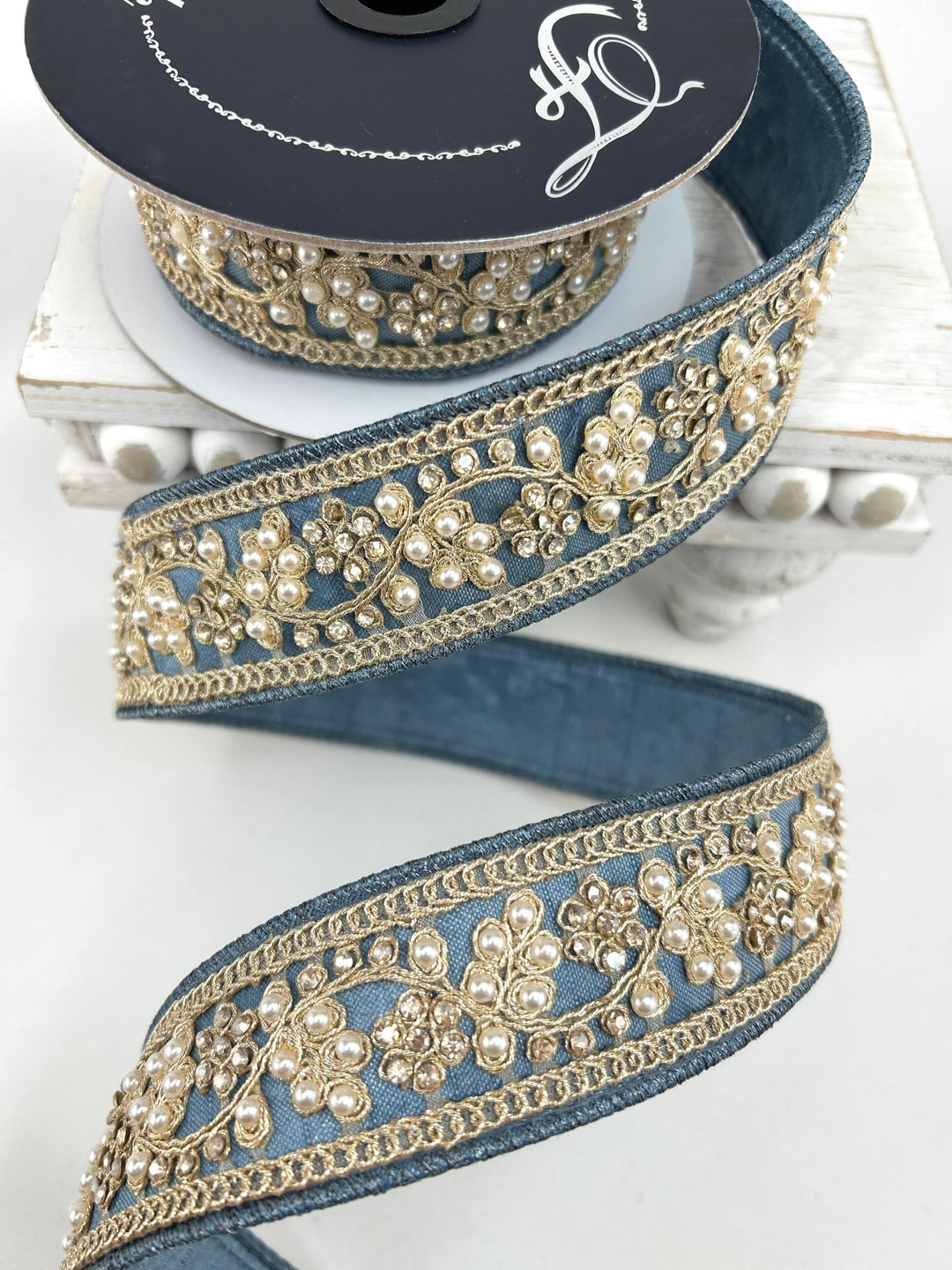 Farrisilk Steel Blue Cecilia Pearl Wired Ribbon - 1.5" - Greenery MarketWired RibbonRK970-17