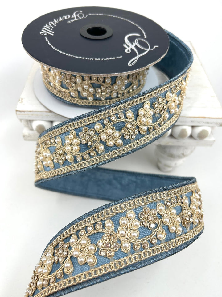Farrisilk Steel Blue Cecilia Pearl Wired Ribbon - 1.5" - Greenery MarketWired RibbonRK970-17