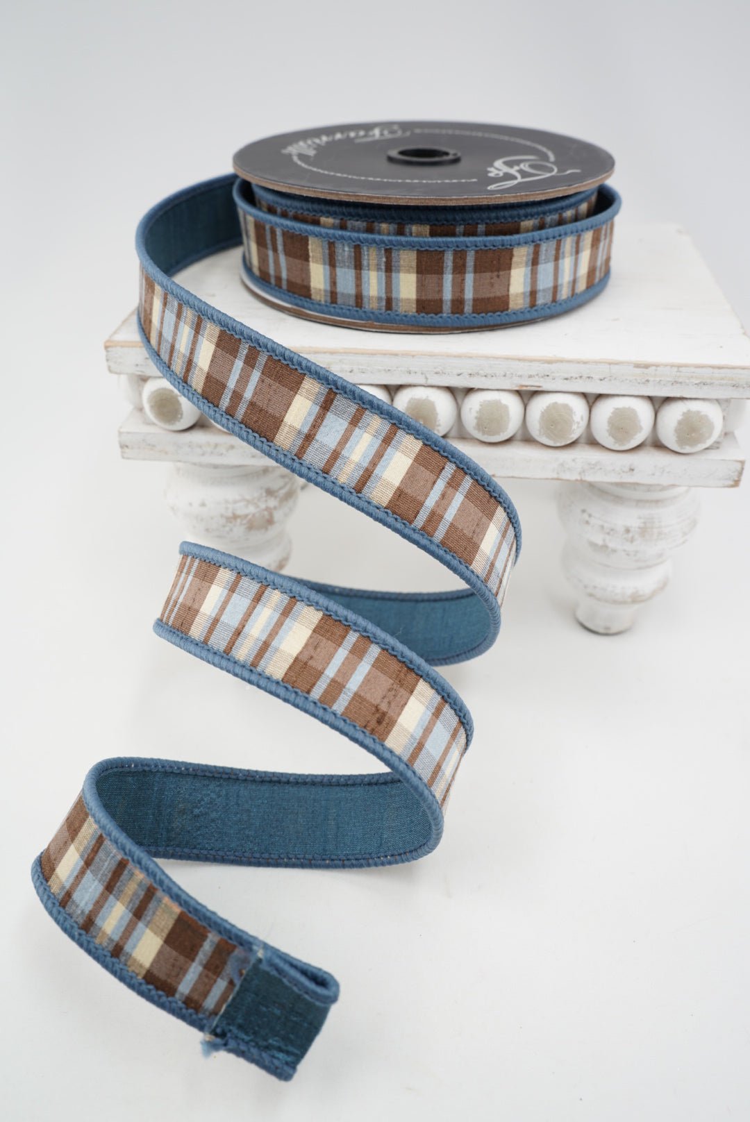 Farrisilk Steel Blue & Chocolate Christmas Plaid Wired Ribbon - 1" - Greenery MarketWired RibbonRM001-03