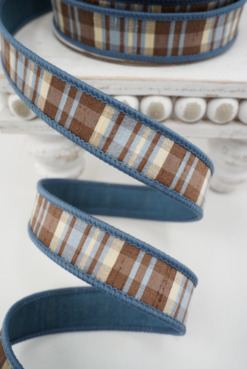 Farrisilk Steel Blue & Chocolate Christmas Plaid Wired Ribbon - 1" - Greenery MarketWired RibbonRM001-03
