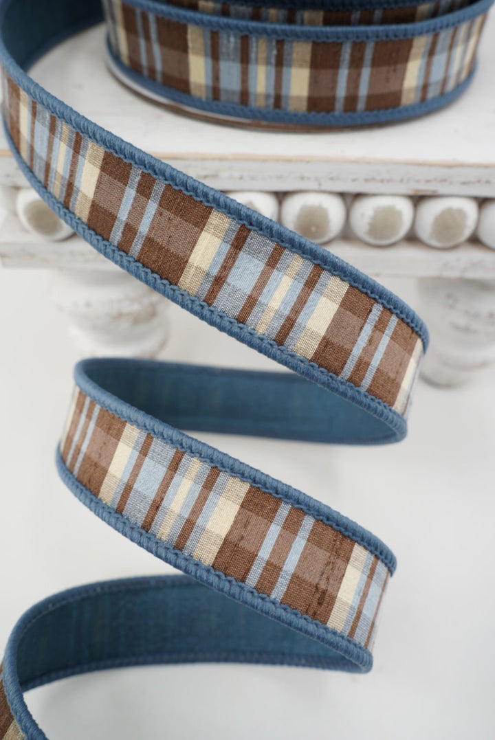 Farrisilk Steel Blue & Chocolate Christmas Plaid Wired Ribbon - 1" - Greenery MarketWired RibbonRM001-03