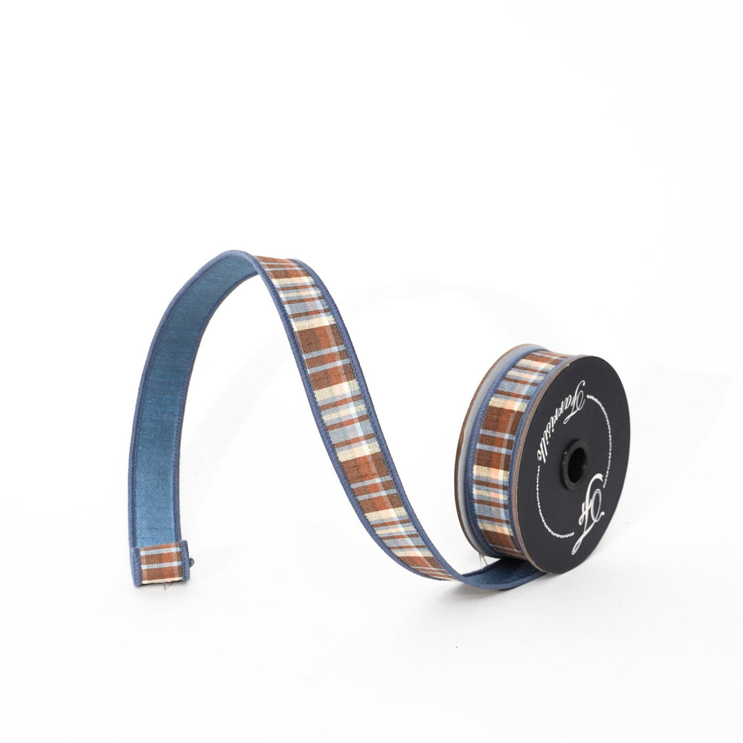 Farrisilk Steel Blue & Chocolate Christmas Plaid Wired Ribbon - 1" - Greenery MarketWired RibbonRM001-03