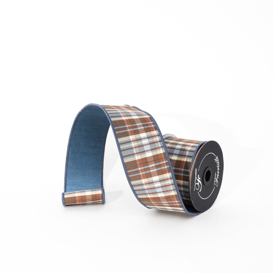 Farrisilk Steel Blue & Chocolate Christmas Plaid Wired Ribbon - 2.5" - Greenery MarketWired RibbonRM002-03