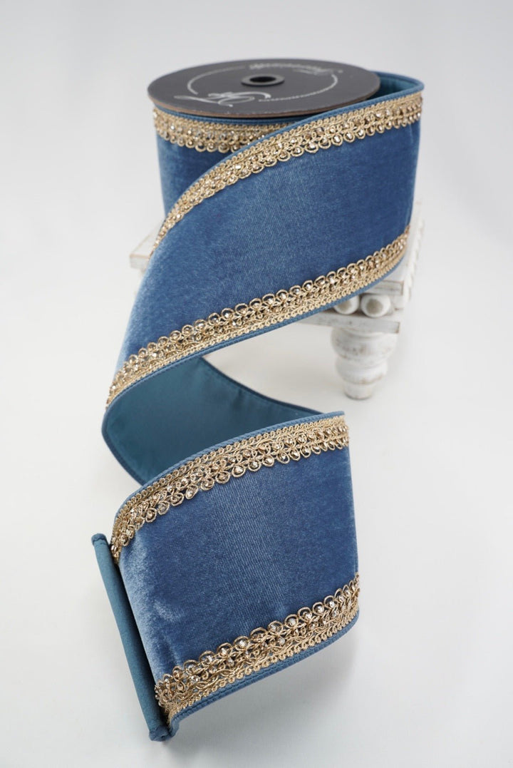 Farrisilk Steel Blue Plush Topaz Wired Ribbon - 4" - Greenery MarketWired RibbonRJ011-17