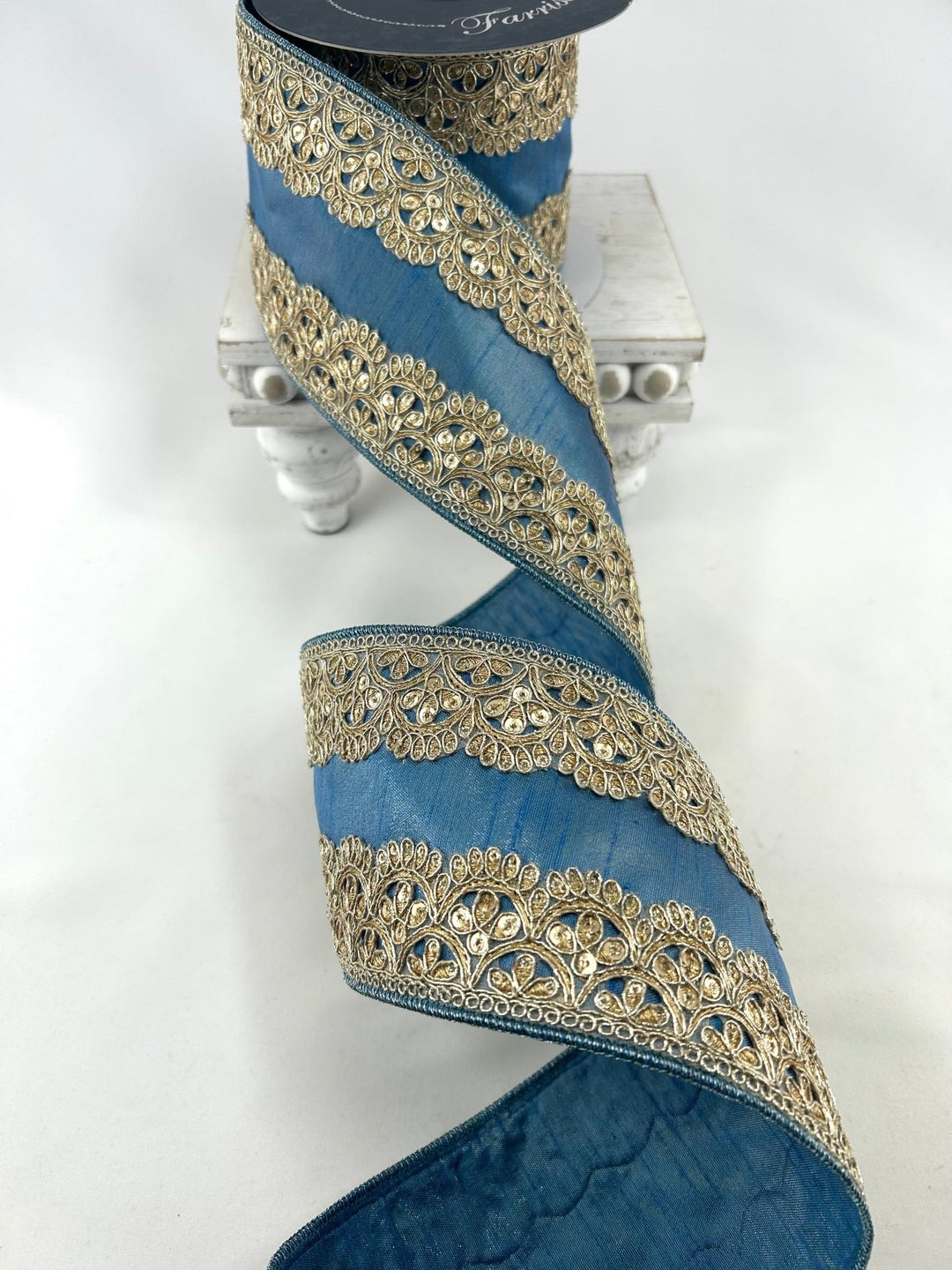 Farrisilk Steel Blue Scalloped Lace Wired Ribbon - 4" - Greenery MarketWired RibbonDR005-17