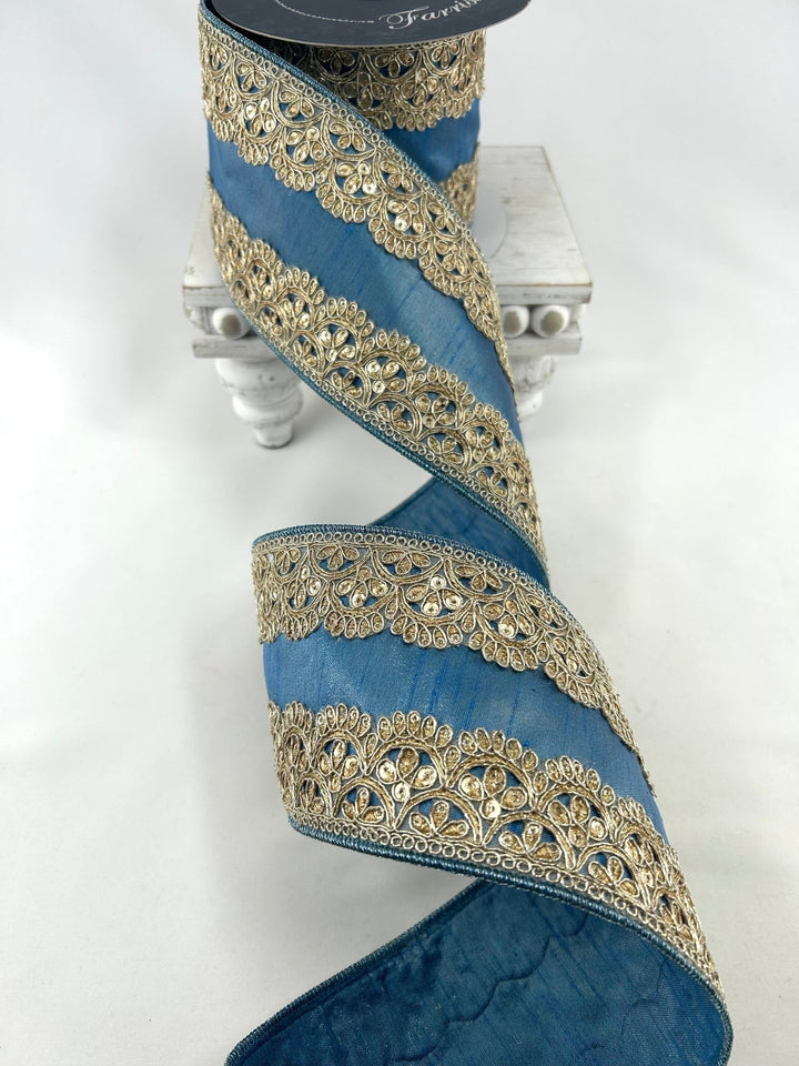 Farrisilk Steel Blue Scalloped Lace Wired Ribbon - 4" - Greenery MarketWired RibbonDR005-17