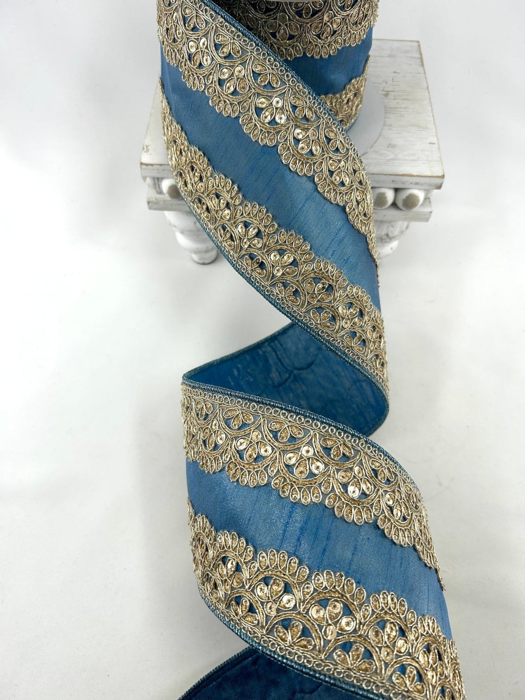 Farrisilk Steel Blue Scalloped Lace Wired Ribbon - 4" - Greenery MarketWired RibbonDR005-17