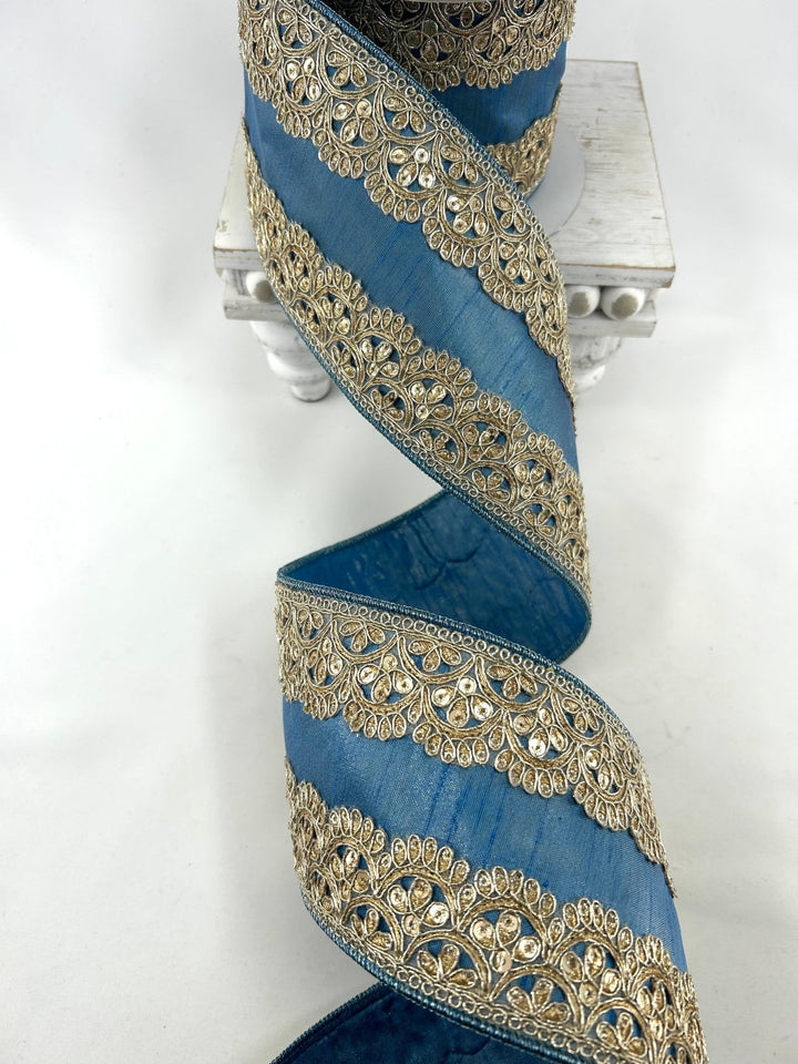 Farrisilk Steel Blue Scalloped Lace Wired Ribbon - 4" - Greenery MarketWired RibbonDR005-17