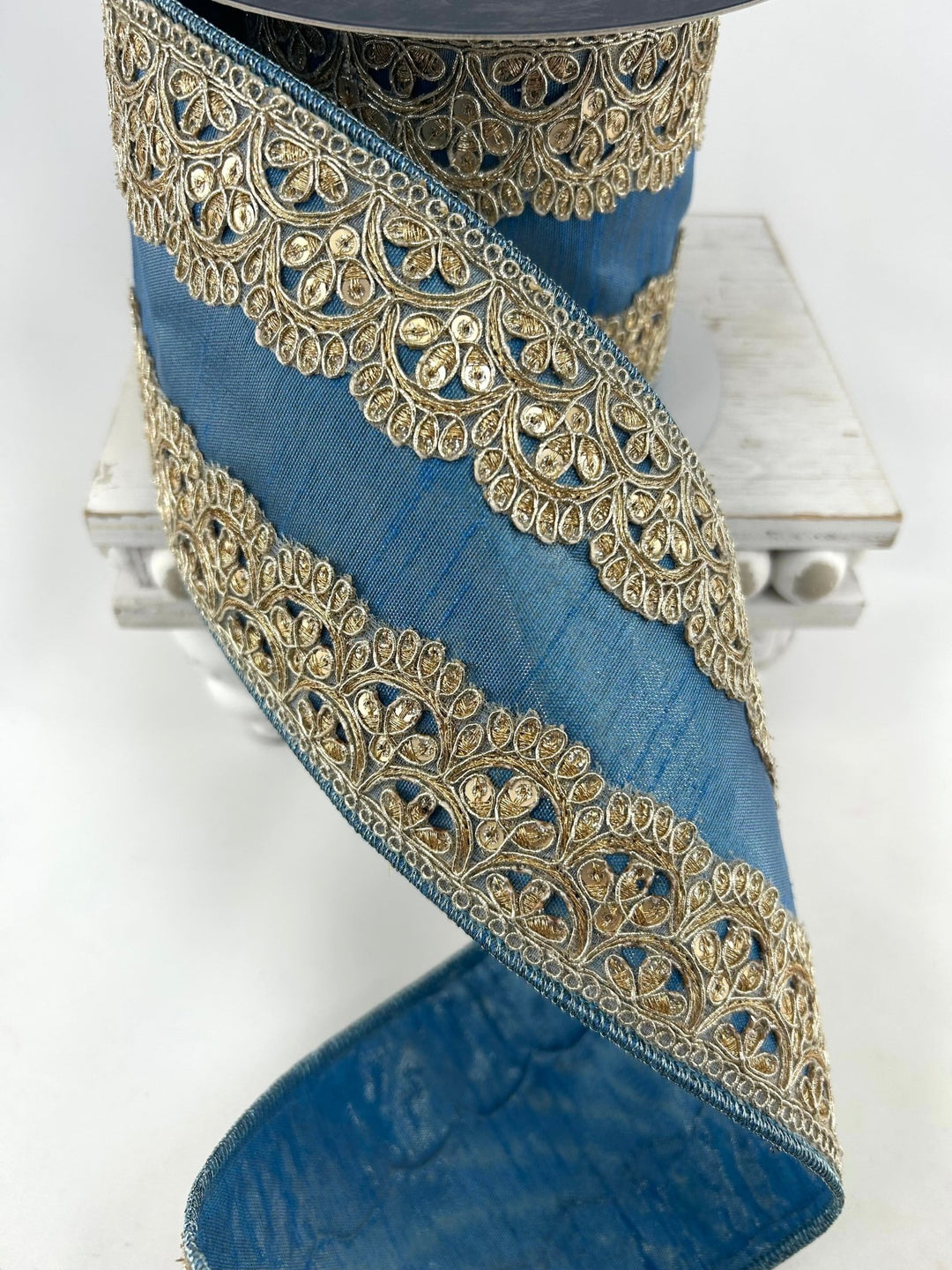 Farrisilk Steel Blue Scalloped Lace Wired Ribbon - 4" - Greenery MarketWired RibbonDR005-17