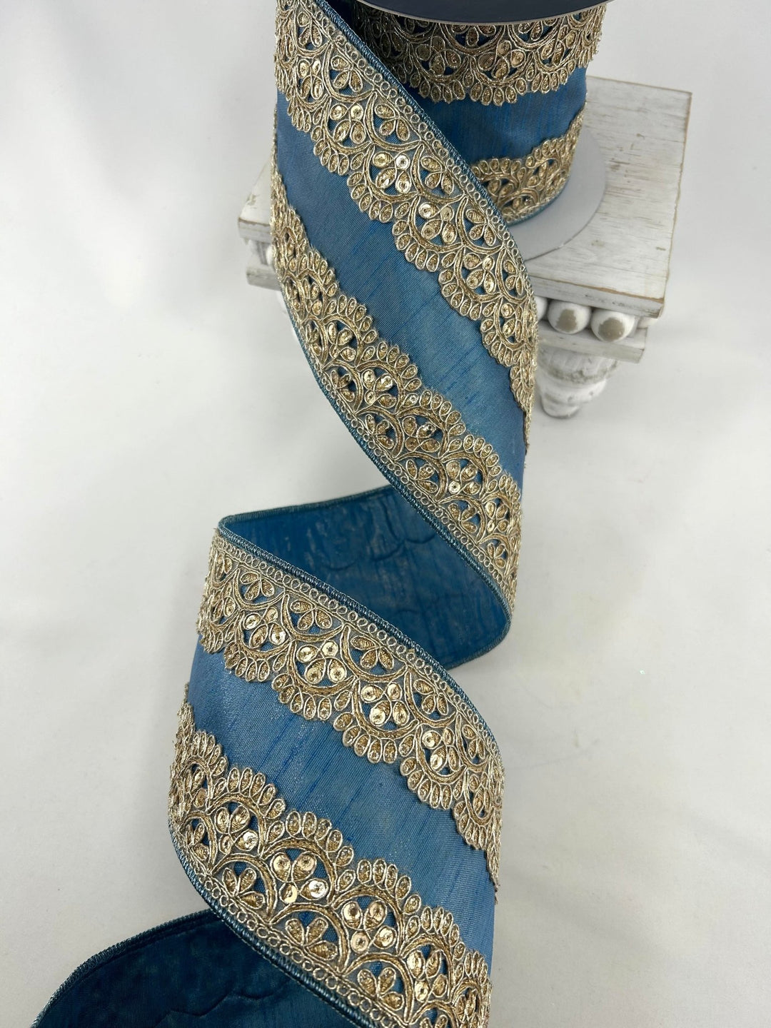 Farrisilk Steel Blue Scalloped Lace Wired Ribbon - 4" - Greenery MarketWired RibbonDR005-17