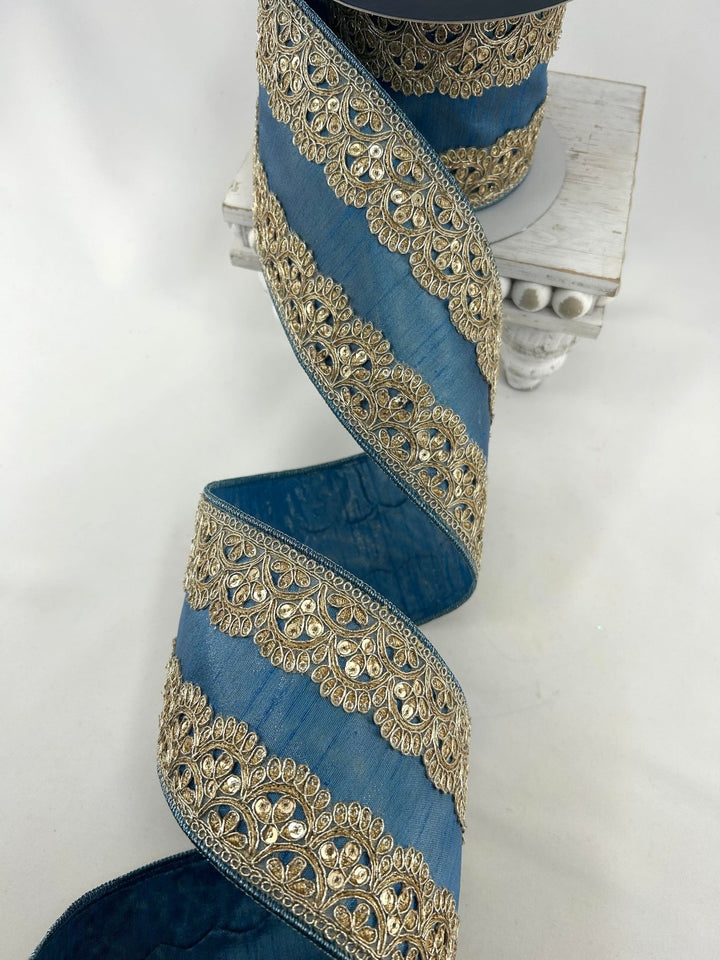 Farrisilk Steel Blue Scalloped Lace Wired Ribbon - 4" - Greenery MarketWired RibbonDR005-17