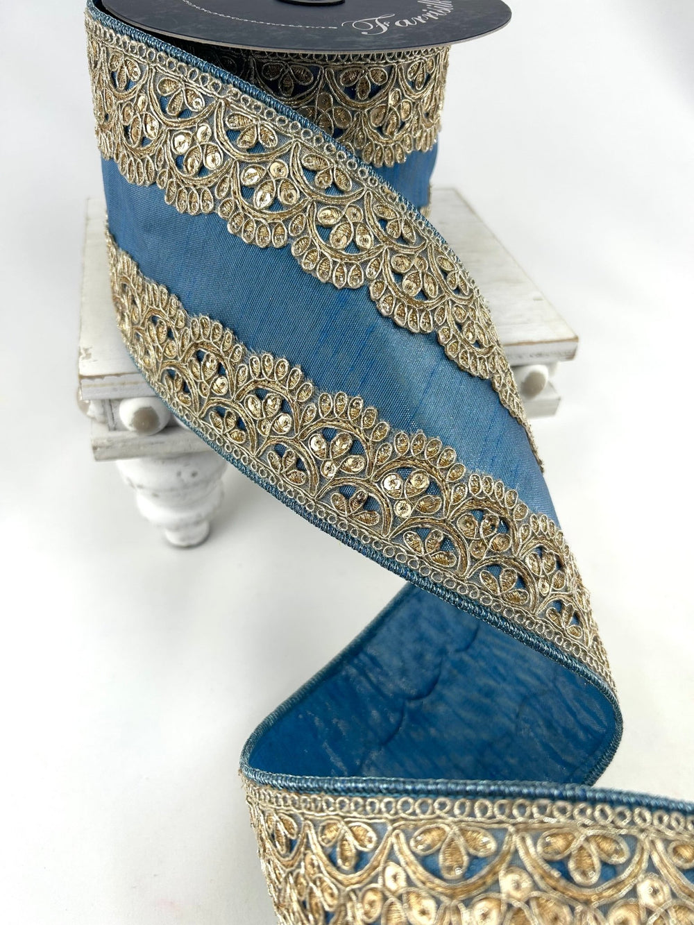 Farrisilk Steel Blue Scalloped Lace Wired Ribbon - 4" - Greenery MarketWired RibbonDR005-17