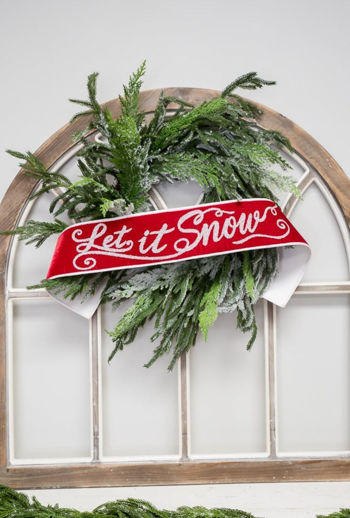 Farrisilk velvet Let It Snow banner 4” - Greenery Marketwired ribbonRK472 - 57