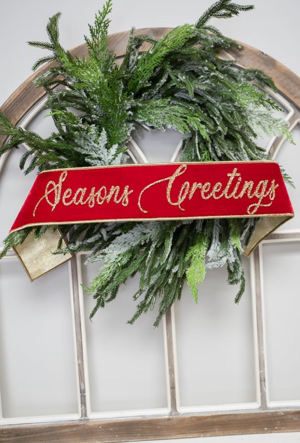 Farrisilk velvet seasons greetings banner 4” - Greenery Marketwired ribbonRG831 - 02