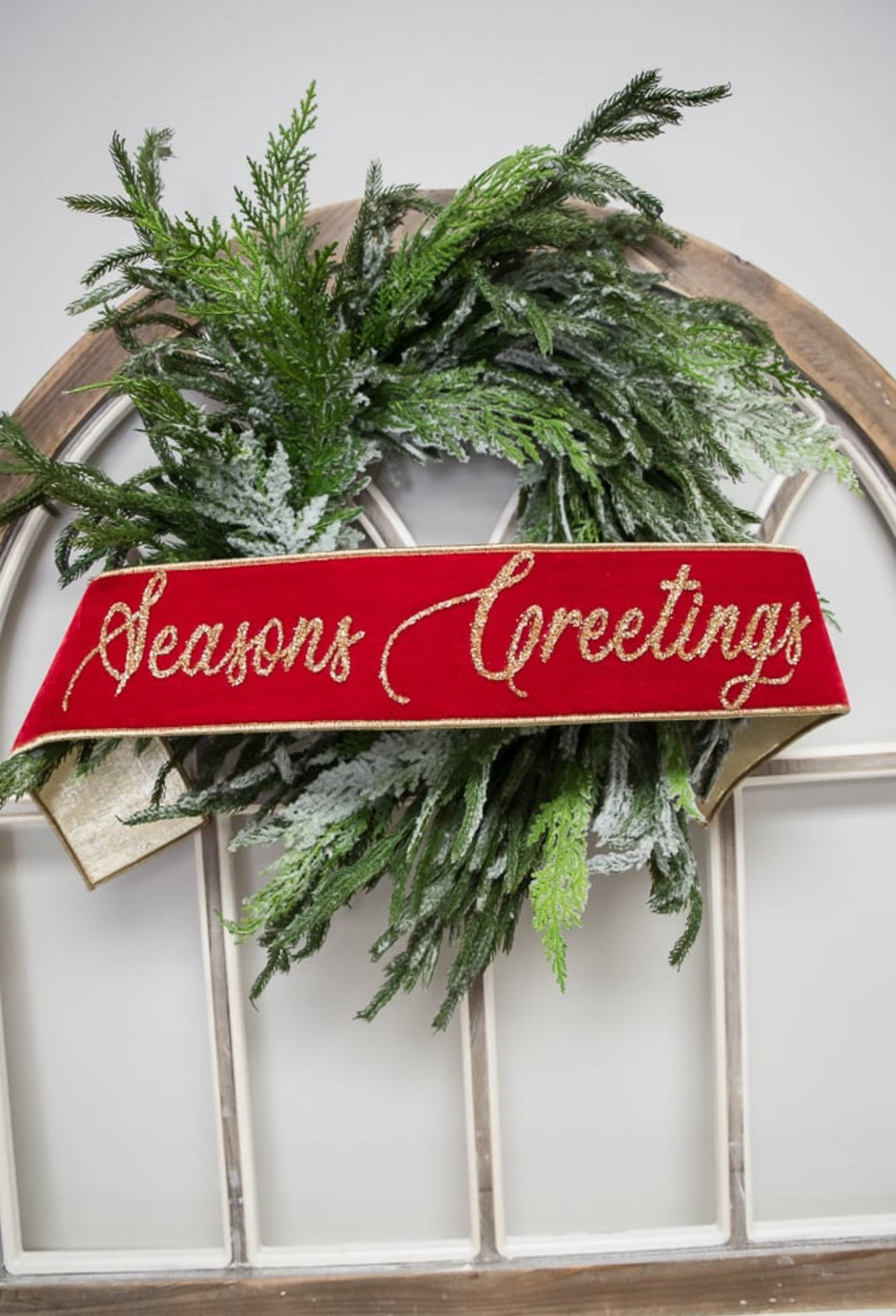 Farrisilk velvet seasons greetings banner 4” - Greenery Marketwired ribbonRG831 - 02