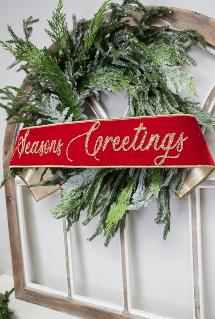 Farrisilk velvet seasons greetings banner 4” - Greenery Marketwired ribbonRG831 - 02