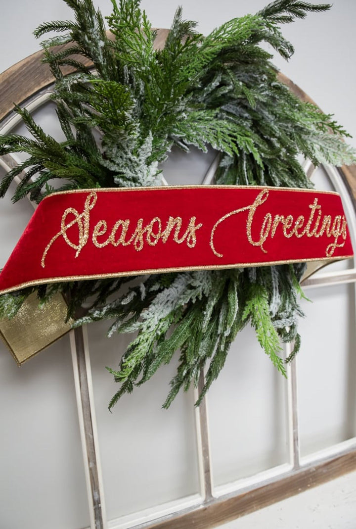 Farrisilk velvet seasons greetings banner 4” - Greenery Marketwired ribbonRG831 - 02