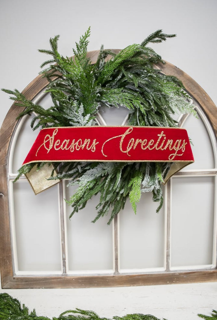 Farrisilk velvet seasons greetings banner 4” - Greenery Marketwired ribbonRG831 - 02