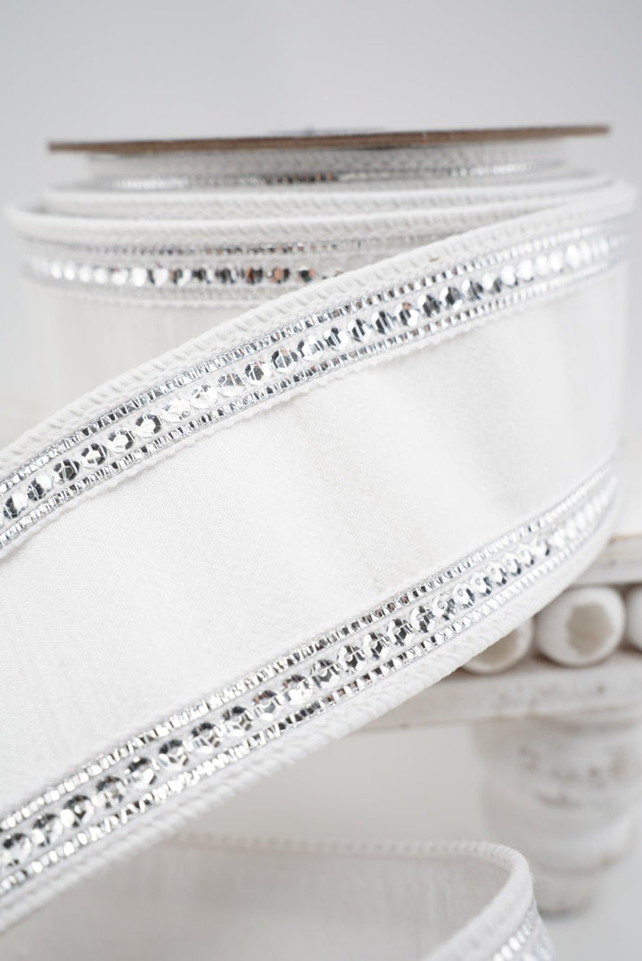 Farrisilk White & Silver Twinkle Borders Wired Ribbon - 2.5" - Greenery MarketWired RibbonRK903-73