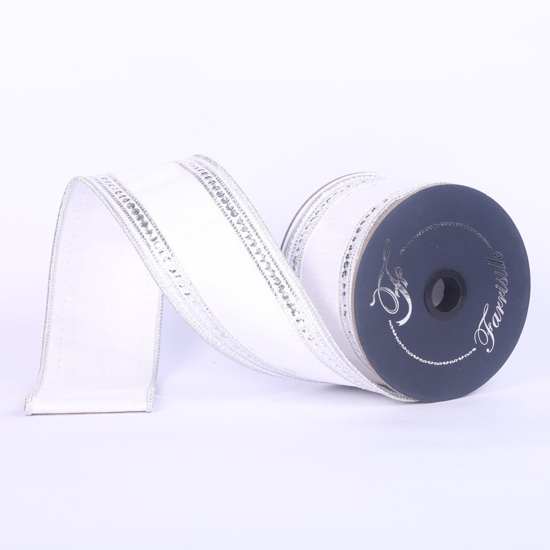 Farrisilk White & Silver Twinkle Borders Wired Ribbon - 2.5" - Greenery MarketWired RibbonRK903-73