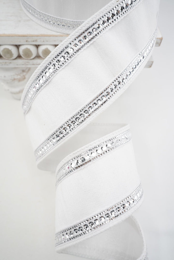 Farrisilk White & Silver Twinkle Borders Wired Ribbon - 2.5" - Greenery MarketWired RibbonRK903-73