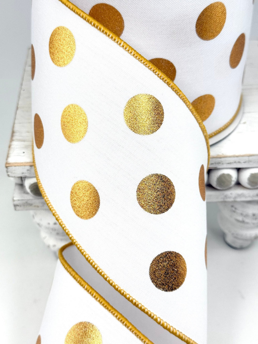 Farrisilk White with gold metallic dots 4” wired ribbon AS - IS - Greenery MarketRibbons & TrimRA423-50
