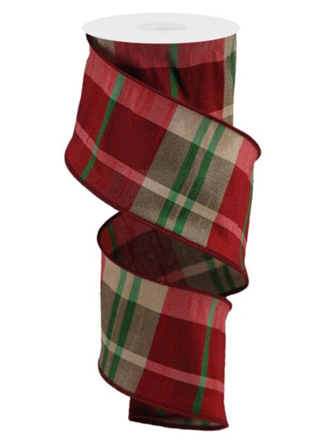 Faux dupioni red, tan, and green plaid ribbon - Greenery MarketWired ribbonRGA12345H