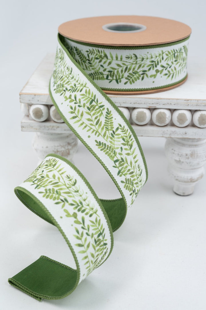Ferns On White with Green Backing Wired Dupioni Ribbon - 1.5" - Greenery MarketWired Ribbon9379W-572-38E