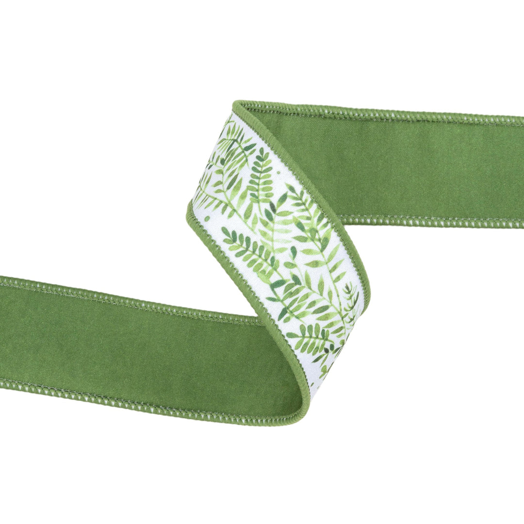 Ferns On White with Green Backing Wired Dupioni Ribbon - 1.5" - Greenery MarketWired Ribbon9379W-572-38E