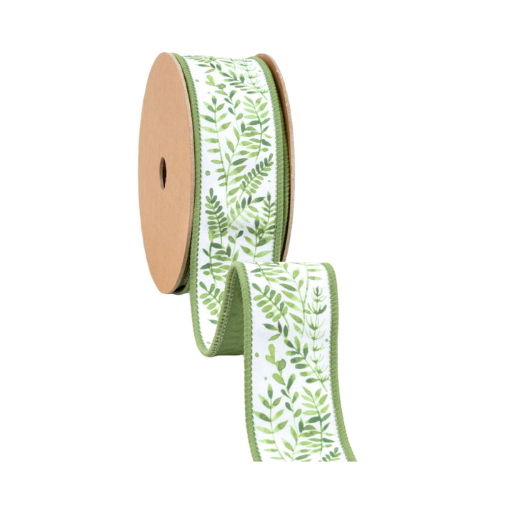 Ferns On White with Green Backing Wired Dupioni Ribbon - 1.5" - Greenery MarketWired Ribbon9379W-572-38E