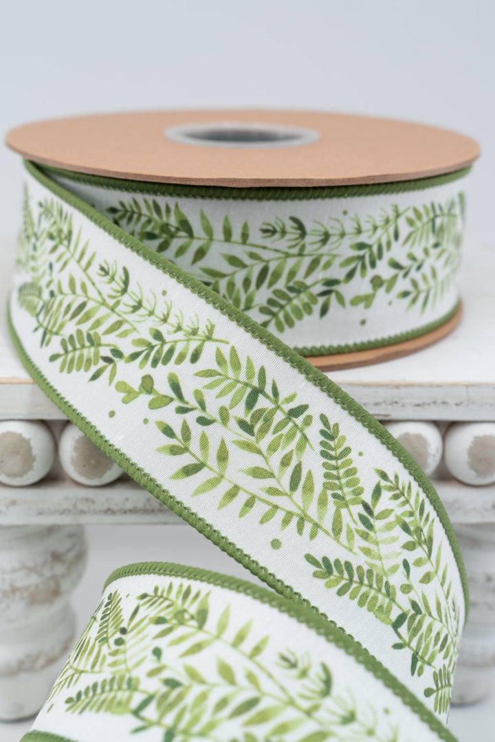 Ferns On White with Green Backing Wired Dupioni Ribbon - 1.5" - Greenery MarketWired Ribbon9379W-572-38E