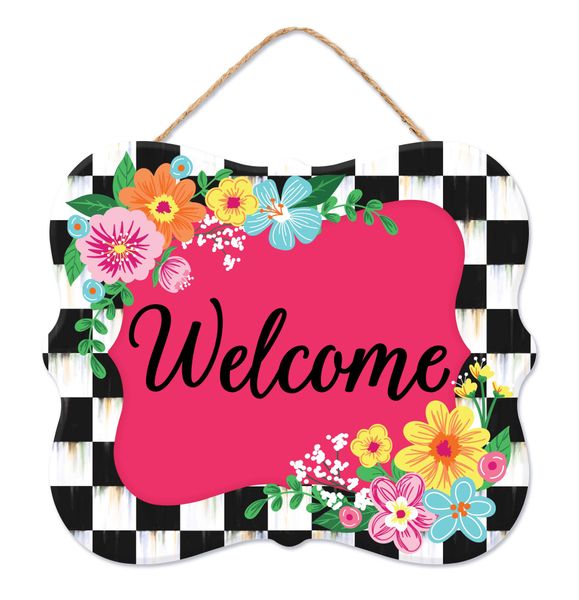 Floral Checker Border Welcome Sign - Greenery MarketNovelty SignsAP739911