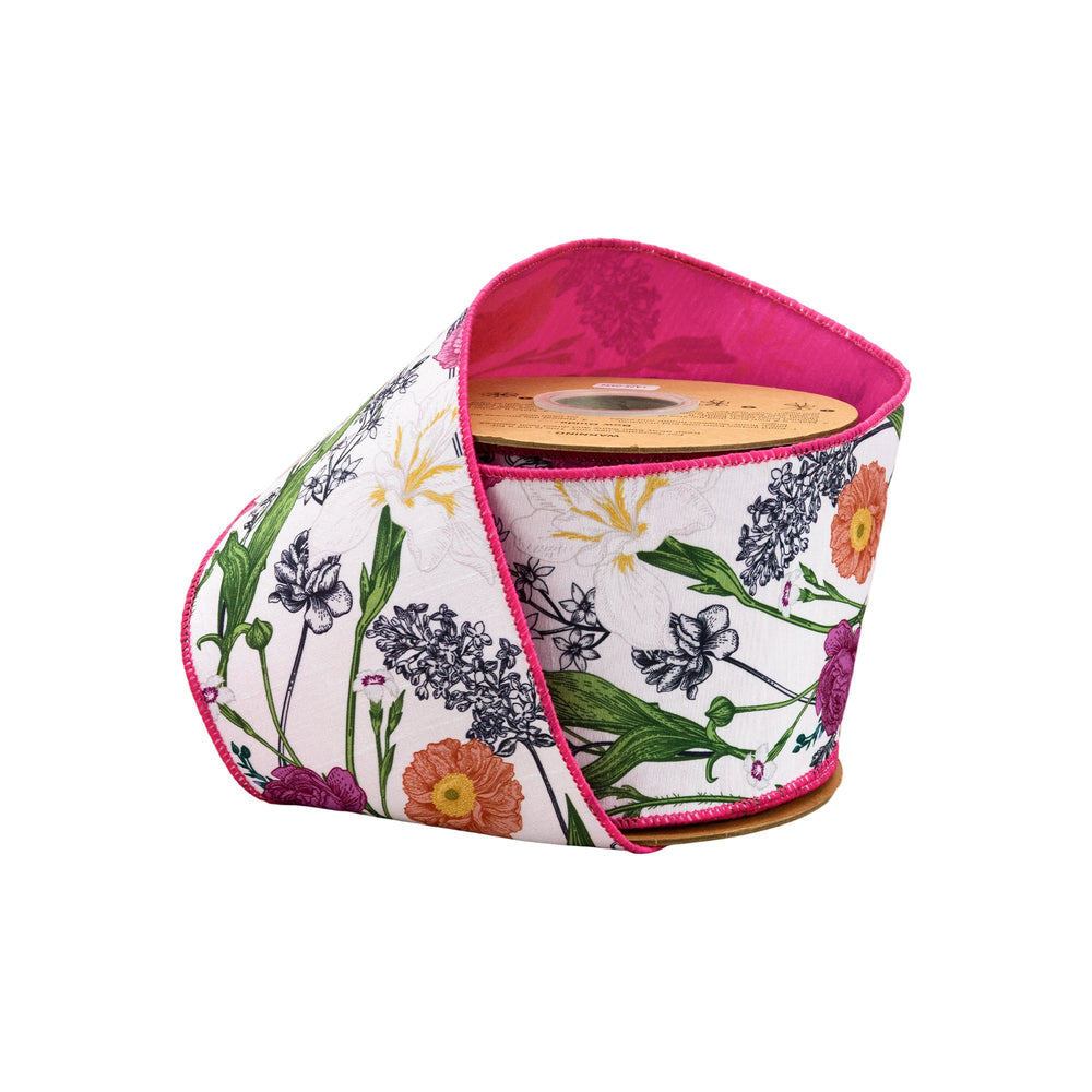 Floral Stems with Pink Backing Wired Dupioni Ribbon - 4" - Greenery MarketWired Ribbon9345W-005-100E