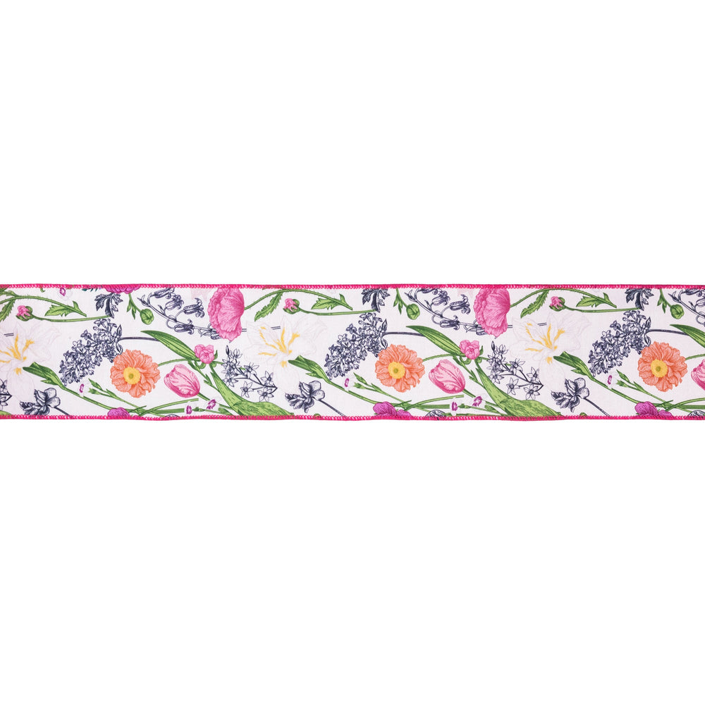 Floral Stems with Pink Backing Wired Dupioni Ribbon - 4" - Greenery MarketWired Ribbon9345W-005-100E