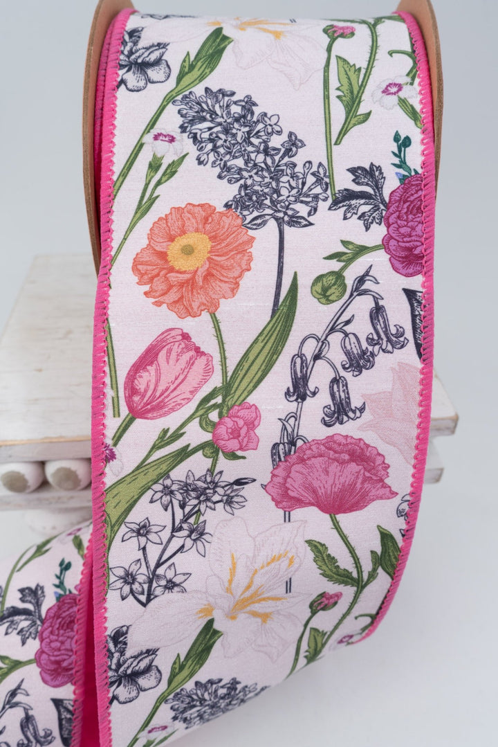 Floral Stems with Pink Backing Wired Dupioni Ribbon - 4" - Greenery MarketWired Ribbon9345W-005-100E