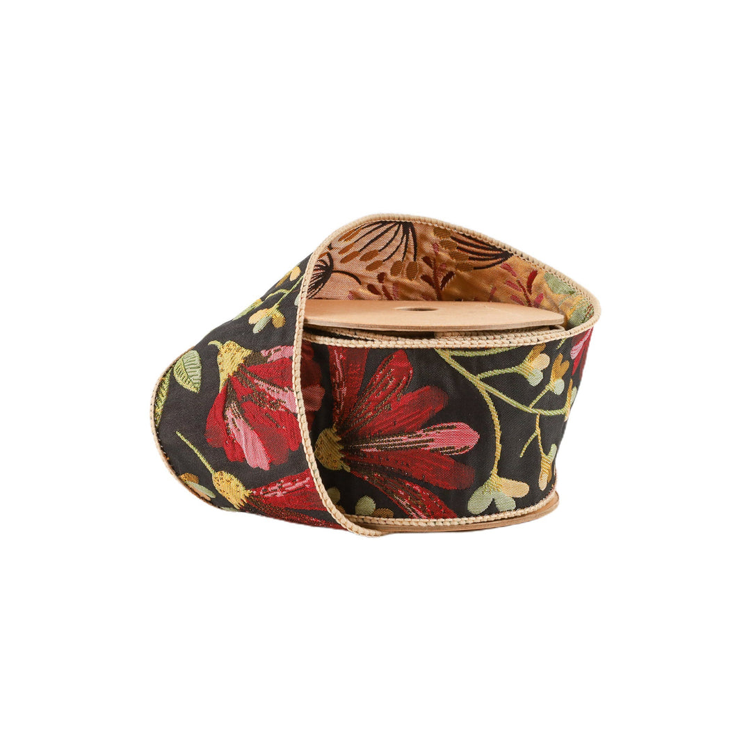 Forest Pale Gold & Black Reversible Floral Tapestry Wired Ribbon - 2.5" - Greenery Market6500W - 580 - 63E